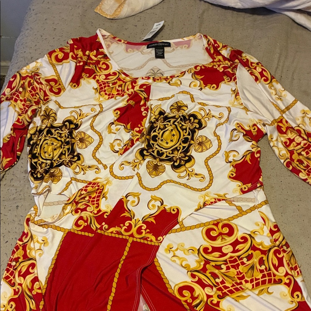 Ashley Stewart Red and Gold Long Sleeve Dress